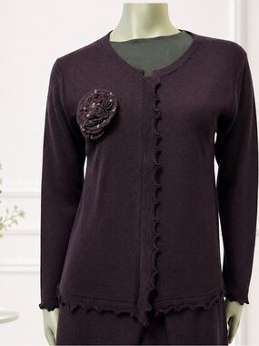 ANA NONZA Dark Brown Ruffle-Trim Zippered Cardigan with Floral Appliqué, Large,